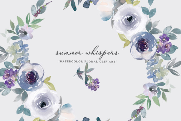 Blue Purple and White Watercolor Floral Illustrations