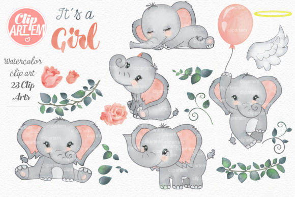 Elephant Girl Coral Watercolor 23 PNG & Illustrations