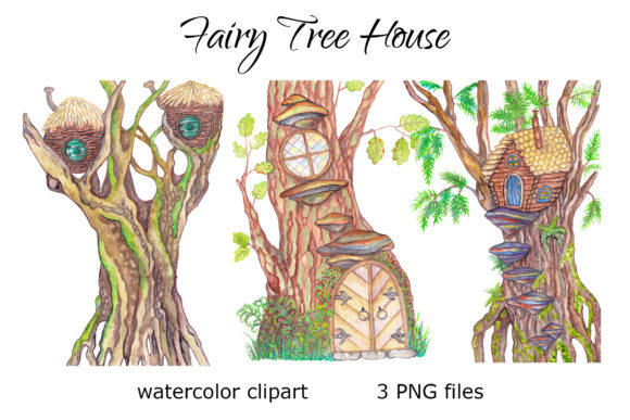Fairy Tree House Watercolor Clipart and Illustrations