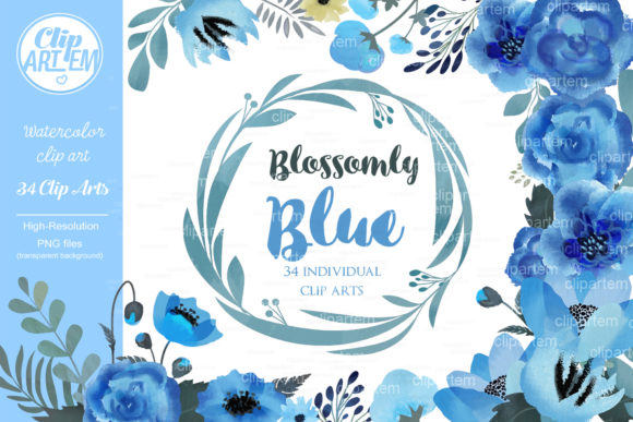 Floral Blue Clip Art, Watercolor Blue