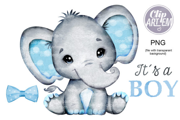 Gray Blue Boy Elephant Watercolor PNG and Illustrations