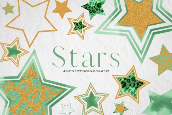Green Watercolor and Glitter Star Illustrations