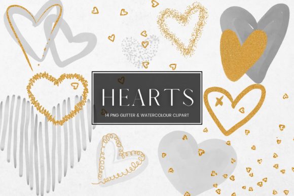 Grey Watercolour Gold Glitter Hearts Illustrations