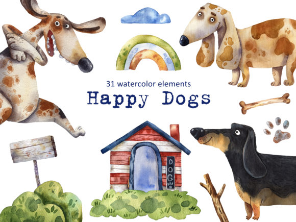 Happy Dogs - Watercolor Clip Art Set Illustrations