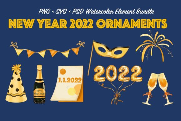 Happy New Year 2022 Ornaments Watercolor Illustrations