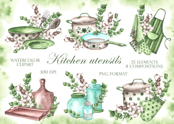 Kitchen Utensils Watercolor Clipart Illustrations
