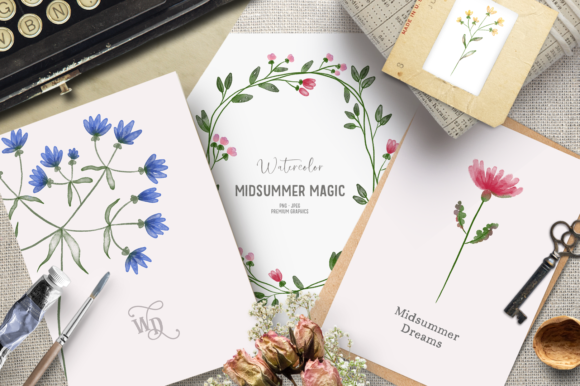 Midsummer Watercolor Flower Clipart and Illustrations