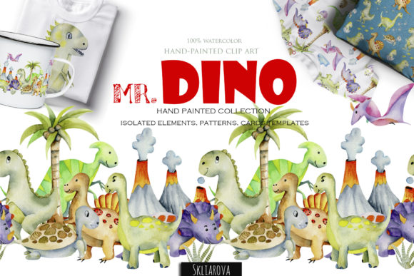 Mr. Dino Watercolor Clipart for Kids and Illustrations