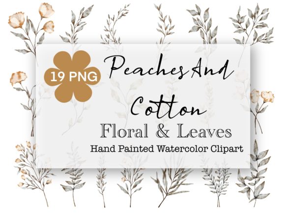 Peaches Cotton Floral Leaves Watercolor Illustrations