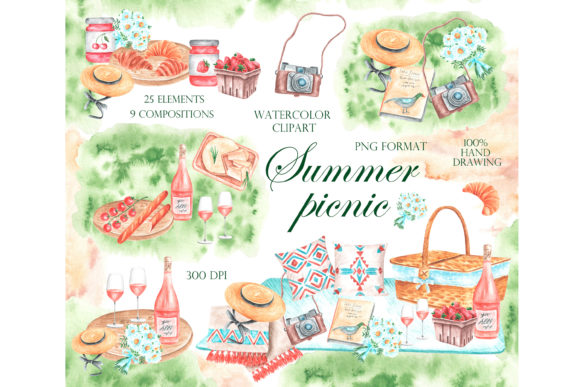 Picnic Watercolor Clipart. Summer Picnic Illustrations