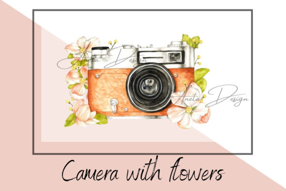 Retro Camera with Watercolor Flowers Illustrations
