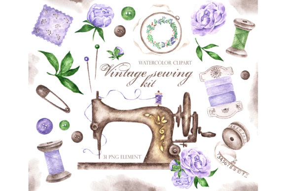 Sewing Kit Watercolor Clipart. Tailor.