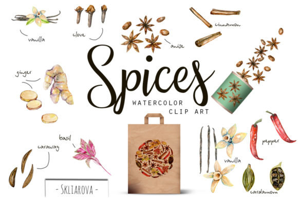 Spices Watercolor Clipart and Illustrations