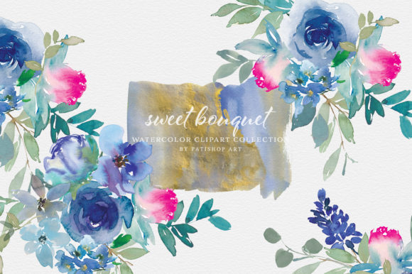 Watercolor Blue Pink Floral Clipart Set Illustrations