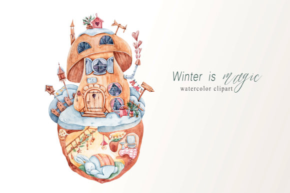 Watercolor Cute Bunny House Clipart and Illustrations