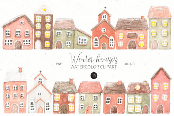 Watercolor Cute Winter Houses Clipart and Illustrations