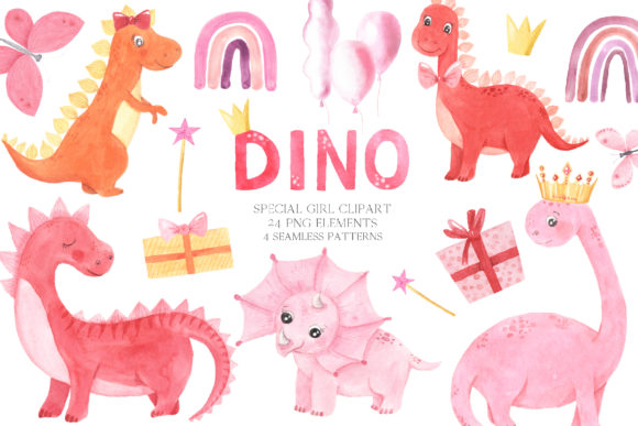 Watercolor Dinosaurs Girl Clipart and Illustrations