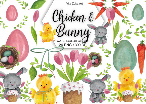 Watercolor Easter Bunny Chick Clipart