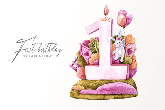 Watercolor First Birthday Bunny Clipart and Illustrations