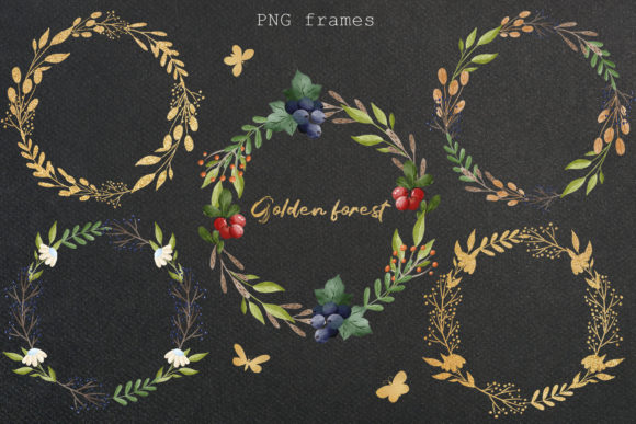 Watercolor Golden Frame PNG, Forest PNG Illustrations