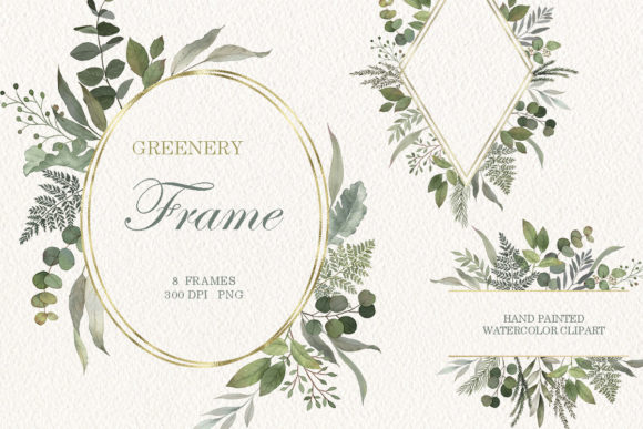Watercolor Greenery Gold Geometric Frame Illustrations