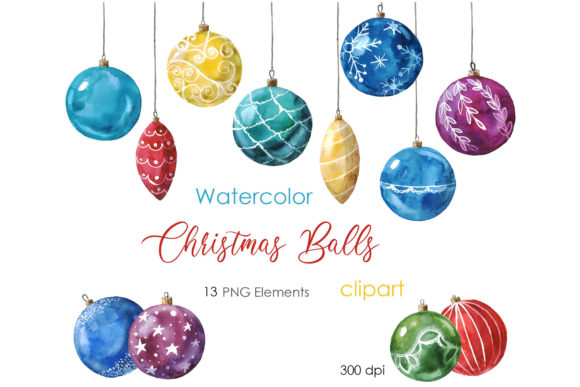 Watercolor Holiday Balls Decor Clipart and Illustrations