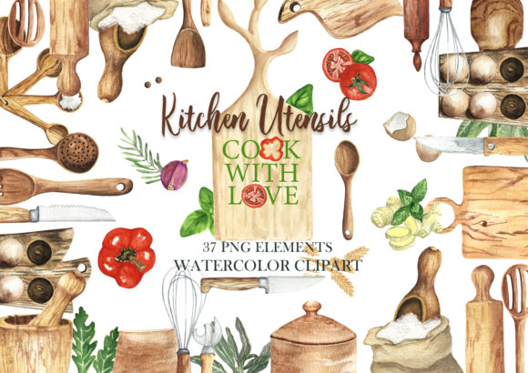 Watercolor Kitchen Utensils Clipart and Illustrations