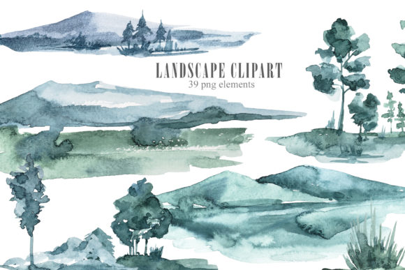 Watercolor Landscape, Mountains Clipart and Illustrations