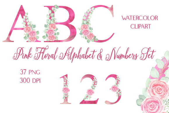 Watercolor Pink Floral Alphabet Clipart and Illustrations