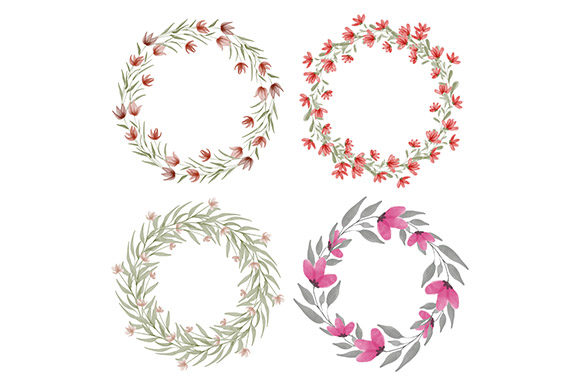 Watercolor Red Floral Circle Wreath Illustrations