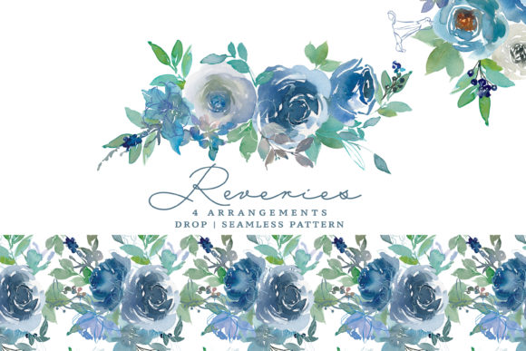 Watercolor Romantic Sky Blue Flowers Set Illustrations