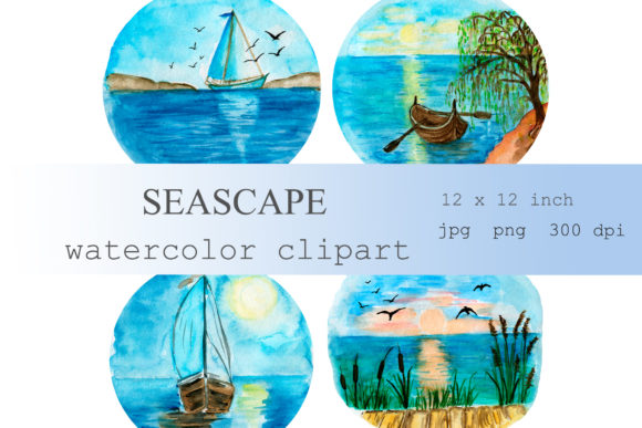 Watercolor Sea Landscape, Watercolor Boat Illustrations