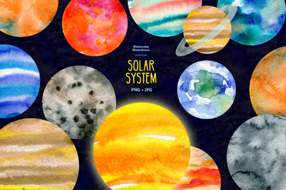 Watercolor Solar System Illustrations
