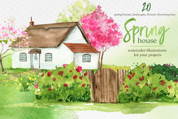 Watercolor Spring House Clipart and Illustrations