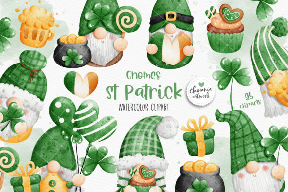 Watercolor St Patrick's Day Gnomes Illustrations