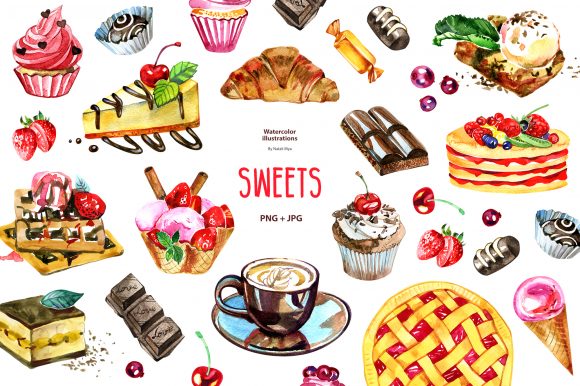 Watercolor Sweets Clipart and Illustrations