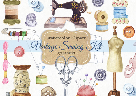 Watercolor Vintage Sewing Kit Clipart and Illustrations
