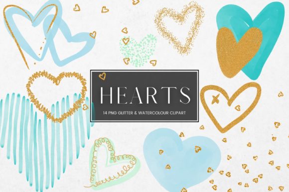 Watercolour and Gold Glitter Hearts Illustrations
