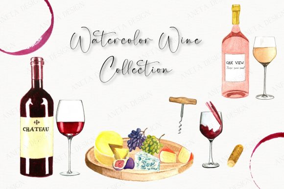 Wine Cheese Watercolor Clipart and Illustrations